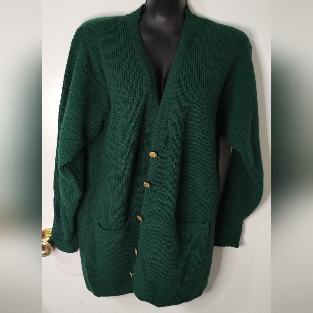 Vintage Separate Issue Green Knit Cardigan Sweater Large Gold Buttons Pockets